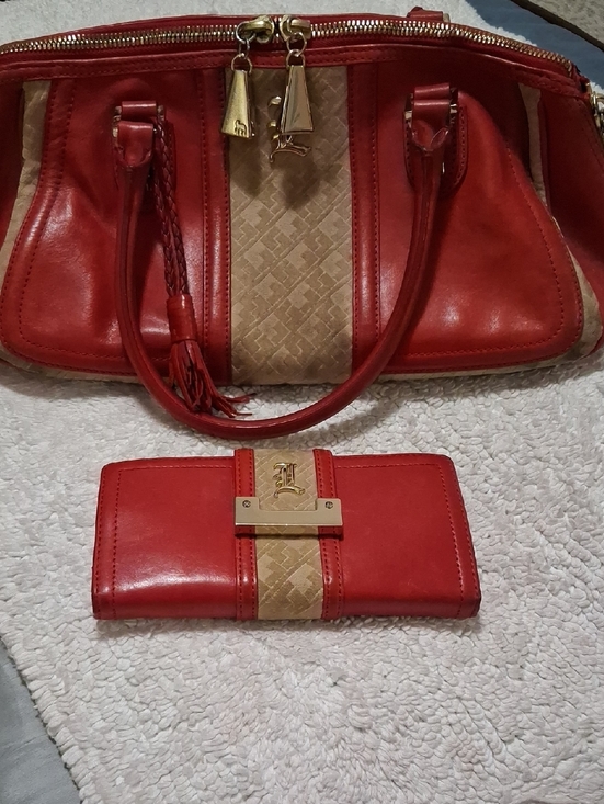 L.A.M.B. Handbags - L.A.M.B. Matching Red and Beige Logo-Accent Leather Bag & Wallet